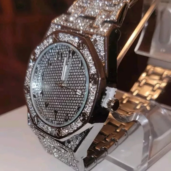 Men's Iced Simulated Diamond CZ Silverplated Alloy Arabic Numeral Quartz Watch - Picture 9 of 16